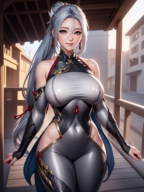 (best quality:1.2), 1girl, (masterpiece:1.2), (semi-realistic:1.2), raytracing, ultra detailed,detailed face, 8k wallpaper, wide hips, ShenHeGenshin_NDV, 1girl, grey hair, large breasts, long hair, blue eyes, braided ponytail, bodysuit, gloves,  smile, out...