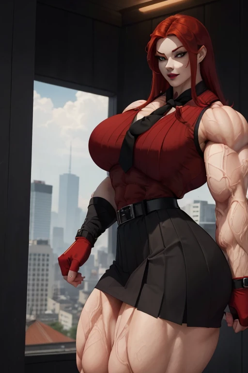 ((Close-up)), tall, (red hair) beautiful muscular asian woman, long hair, pale white skinned, closed smile, (black lipstick), big breast, (massive muscles), (hyper muscle), ((ginormous bulky muscles)), glowing yellow eyes, (((red sleeveless pleated shirt))...