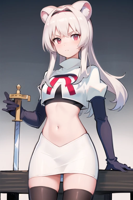 best quality,1girl,normal,cowboy shot,holding sword, team rocket,team rocket uniform,white skirt,red letter R,crop top,black thigh-highs,black elbow gloves