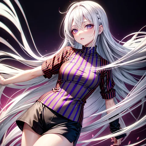 White haired girl medium complexion eyes with purple and yellow gradient wearing a red striped black shirt and black shorts