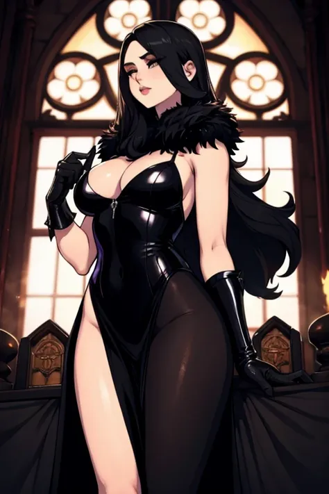 The woman, by the wide, long hair, black fur, black hair, fringe, pale, Pale skin, ((black eyes, black eyes)), scantily clad, black clothes, black clothes, Waders, hig boots, gloves, gloves, Cathedral, evening, fantasy