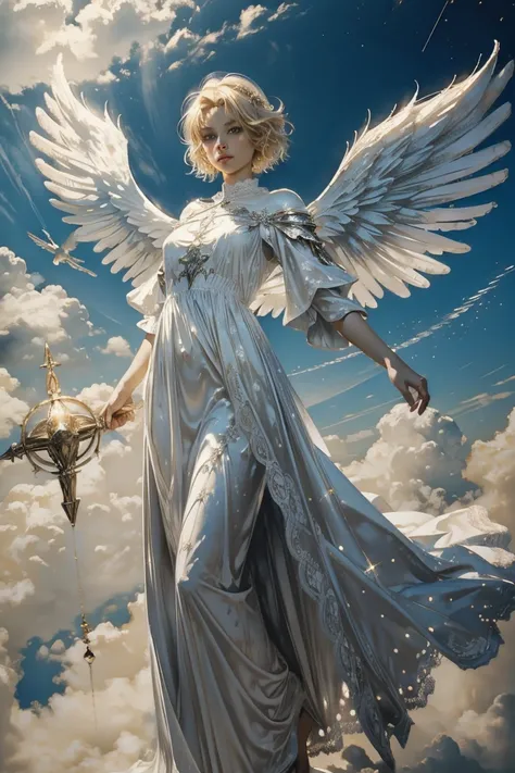 masterpiece, detailed, beautiful, painting, 1 Girl, Angel, large Angel wings, Halo, White cloth, floating in the air, in the sky, deformation, Apocalypso, cloud, Romantic, magic, fantasy, meteor, Star BREAK Short Blonde, Lace Hair 