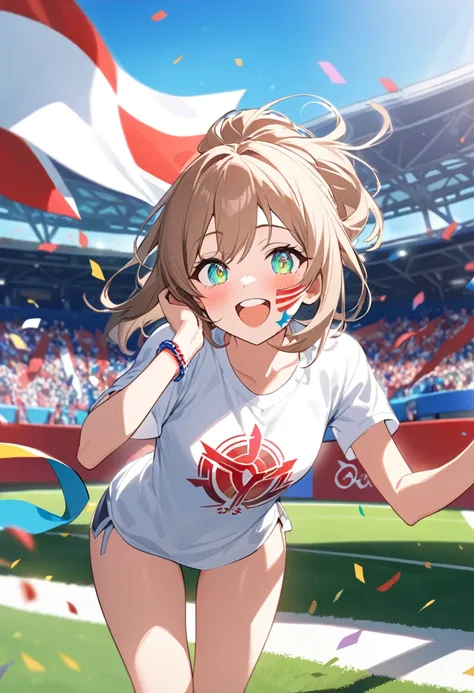 The vibrant stadium scene、It&#39;s full of cheering fans and flag-waving fans.. In the foreground, A girl enthusiastically cheers for Japan at the Olympics. She has bright eyes filled with excitement and determination. Her dark hair, tied in a high ponytai...