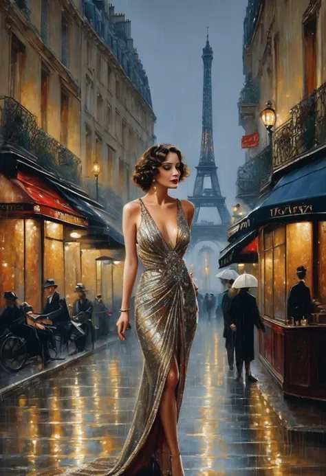 Rainy evening Paris of the 30s, gorgeous, beautiful, slim, with small breasts, 25 year old girl, in an amazing beautiful long dress, Expensive jewelry, makeup from the best makeup artists, Boa,last tango in paris,  masterpiece, ultra-detailed, intricate de...