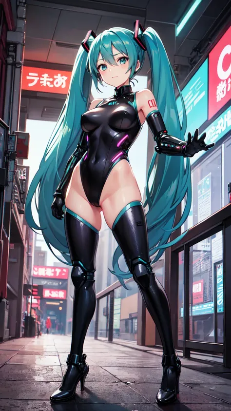 Adult Woman, Hatsune Miku, Dignified Face, Japanese Armor, Cyberpunk, High Heels, Masterpiece, Top Quality, Super Detailed, Dignified Face, Anime Visuals, Heavy Cybernetic Leotard, Science Fiction, Good _ Face: 0.8