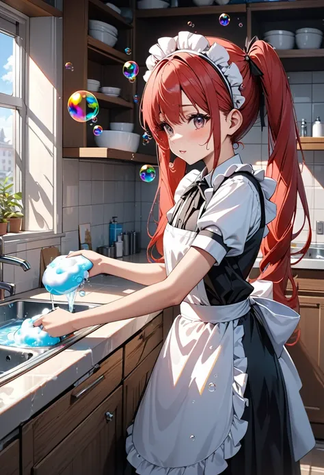 A girl dressed as a maid washing dishes in the kitchen.The girl is washing dishes in the kitchen.There are a lot of dishes in the washroom.The girl is about 16 years old.Her hair is red and tied in twin tails,She is wearing a maids headdress.She is wearing...