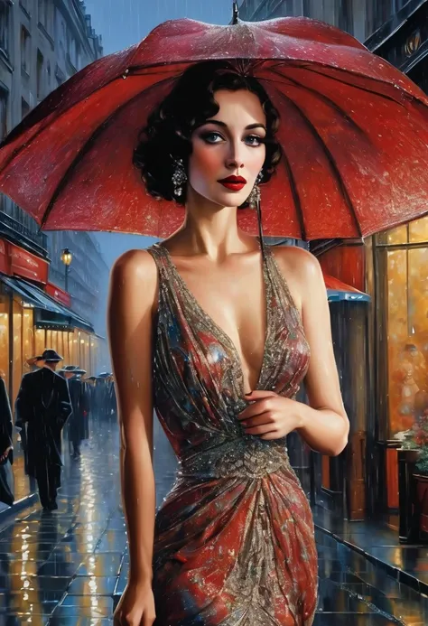 Rainy evening Paris of the 30s, gorgeous, beautiful, slim, with small breasts, 25 year old girl, in an amazing beautiful long dress, Expensive jewelry, makeup from the best makeup artists, Boa,last tango in paris,  masterpiece, ultra-detailed, intricate de...