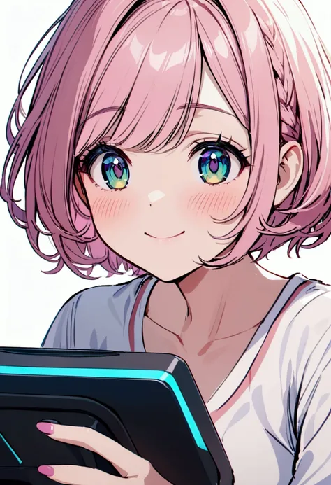 Young woman, short hair, pink-yellow hair, blue-purple -green eyes, Blue Makeup, white shirt, simple background, smiling, blushing, playing computer games
