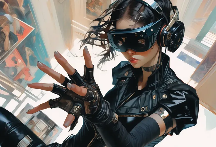 Overhead shot of a Woman in Black Cyberpunk leather, VR Headset, hand reaching out toward viewer, style by J.C. Leyendecker