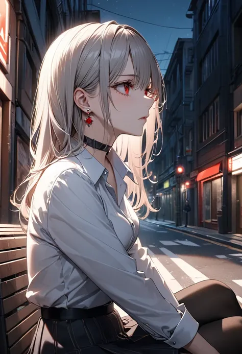 best quality, super_delicate, super delicate eyes, ultra detailed, beautiful, 8k , 1girl, red eyes, evil, facial profile, street, sitting, business shirt, skirt, earrings, choker, black tights, nikke, night