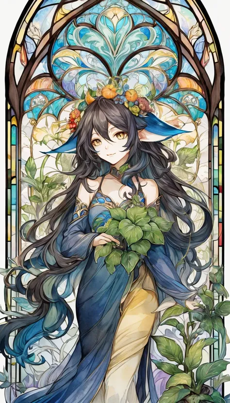 Playing with the tides,Luxray, Split Color Hair, Wind, 舞い散るflowerびら, Stained Glass AI, Decorative, Intricate details, Dukhkova, 2D, Line art, watercolor, ink watercolor, Random color hair, Super long hair, Wavy, One girl,Mandrake,flower, Mandrake,  