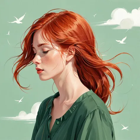 A minimalist illustration, a red-haired woman with hair blowing in the wind, a woman. She is thoughtful..by Kathrin Honesta