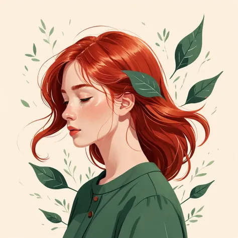 A minimalist illustration, a red-haired woman with hair blowing in the wind, a woman. She is thoughtful..by Kathrin Honesta