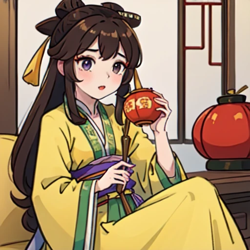 ( Best Quality, ancient china, A girl, pastel yellow chinese long dress), long hair tied in two tomatoes, Brown hair , purple eyes
