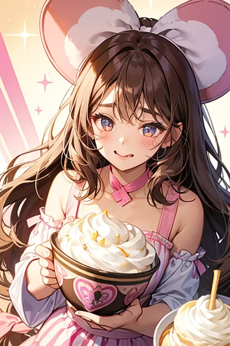 A brown girl  cup or bowl Num with pink blushed cheeks, bear ears and her tongue sticking out with one eye squinting. She has a huge pile of cream on the top of her, alongside a tan striped straw and a lilac bow. SPARKLE; GLITTER