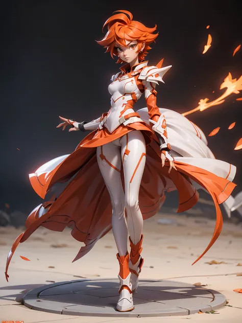 Design a layout showcase Gaming character, (1girl). red, white and orange sleek armor, stylish and unique, short stylish hair ((full_body_shot:1.4)))