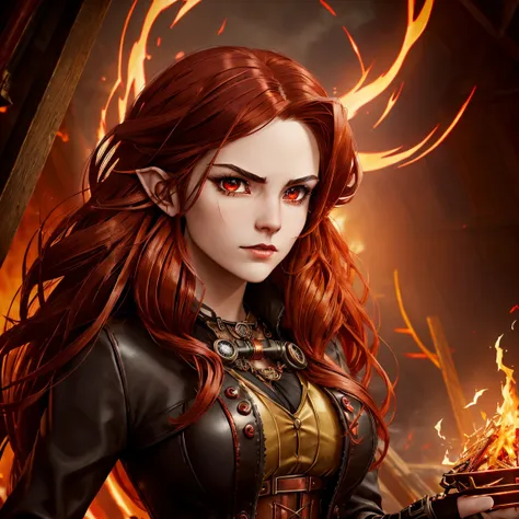 (girl with modest black and red steampunk outfit, steampunk goggles on forehead), elf ears, wide shot, full body, front view, (((crimson eyes))), crimson hair, long hair, (perfect hands), gold necklace with red gem, flames surround her, wreathed in flame, ...