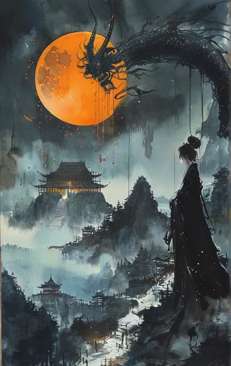 (halloween theme:1.5), (ink and watercolor painting:1.5), (Tasteful:1.5), (ink and watercolor painting:1.5), (Chinese style:1.5), (magic:1.5), (dripping paint;1.5), (dark theme:1.5), (fantasy:1.5), (devils eye:1.5), (inspiration from Road of the rings:1.5)...