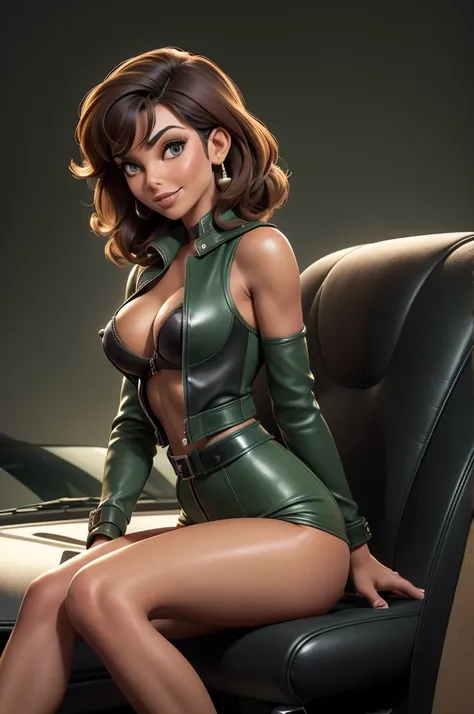 obra prima, melhor qualidade, ((only one woman,)) ((joan collins, dark tan skin,)) looking over shoulder at me, big grin with dimples, ((wearing hunter green coarse grain leather minidress, leather bomber jacket, jacket has padded shoulders, jacket has sti...