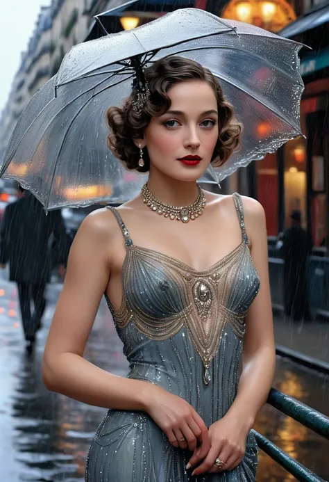 Rainy evening Paris of the 30s, gorgeous, beautiful, slim, with small breasts, 25 year old girl, in an amazing beautiful long dress, Expensive jewelry, makeup from the best makeup artists, Boa,last tango in paris,  masterpiece, ultra-detailed, intricate de...