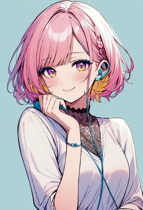 Young woman, short hair, pink-yellow hair, blue-purple-yellow eyes, Blue Makeup, white shirt, simple background, smiling, blushing, half body, with earphones
