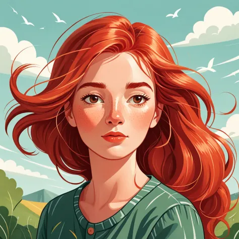 A cartoon style illustration, a red-haired woman with hair blowing in the wind, a woman. She is thoughtful..by Kathrin Honesta