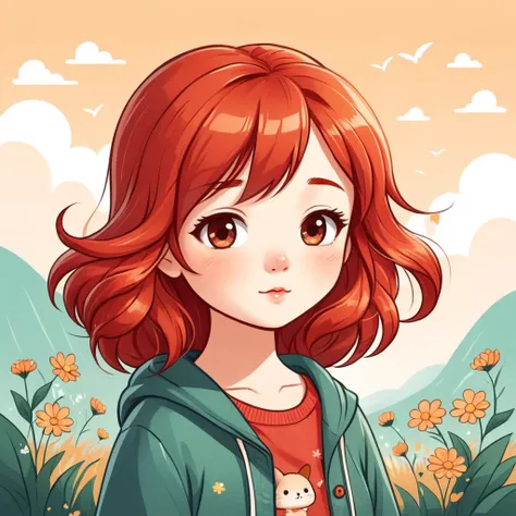 A chibi style illustration,kawaii a red-haired woman with hair blowing in the wind, a woman. She is thoughtful..by Kathrin Honesta