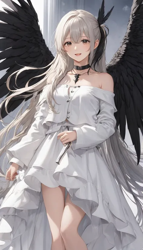 Cowboy Shot, (Black wings:1.2), Very long hair, Side Ponytail, choker, Holding, Off the shoulder, (White Dress:1.3), White jacket,Hello,