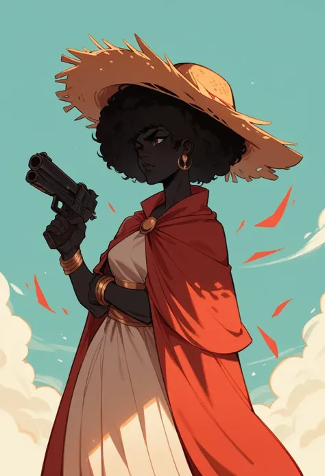 
Portrait of an Afro-descendant woman with afro hair, Black Power  , black skin wearing a dress and a straw hat, with a gun in his hand and wearing a red cloak