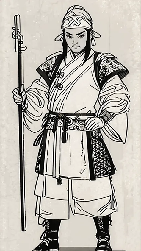 (((monochrome)))、(((ink painting)))、((ancient china、tie your hair、handsome young man wearing a white swimming cap))、holding a lo...