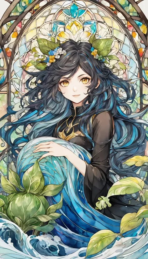 Playing with the tides,Luxray, Split Color Hair, Wind, 舞い散るflowerびら, Stained Glass AI, Decorative, Intricate details, Dukhkova, 2D, Line art, watercolor, ink watercolor, Random color hair, Super long hair, Wavy, One girl,Mandrake,flower, Mandrake,  