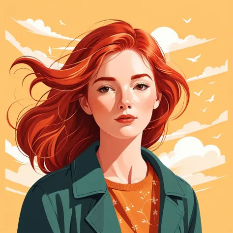 A flat style illustration a red-haired woman with hair blowing in the wind, a woman. She is thoughtful..by Kathrin Honesta