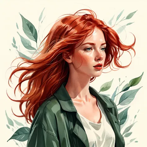 A fashion drawing style illustration, a red-haired woman with hair blowing in the wind, a woman. She is thoughtful. Kathrin Honesta