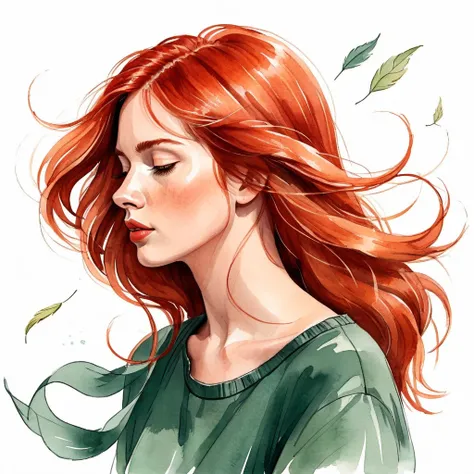 A fashion drawing style illustration, a red-haired woman with hair blowing in the wind, a woman. She is thoughtful. Kathrin Honesta