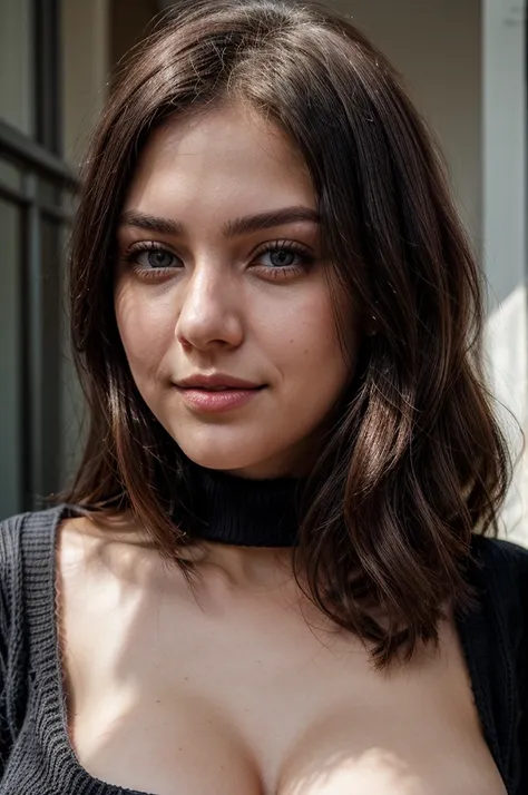 instagram photo, closeup face photo of 23 y.o Chloe in black sweater, cleavage, pale skin, (smile:0.4), hard shadows