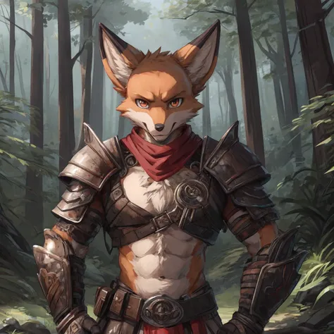 male fox, fox, slim, young, fox, tribal armor, revealing armor, visible_chest, red_scarf,forest,tribal clothes,perfect anatomy,h...