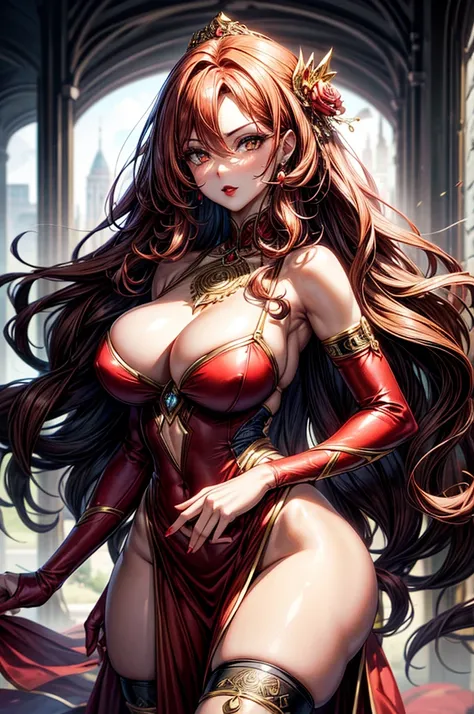 highest quality, ultra high resolution, super detailed, gorgeous, masterpiece, best quality, high resolution finely detailed, extremely beautiful, distinct image, glistening caramel brown skin, piercing golden eyes, curly fiery red hair, slender alluring o...