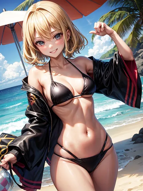 Draw a picture of a girl in a bikini on the beach smiling and nodding her hand. Glam rock style blonde hair black bikini