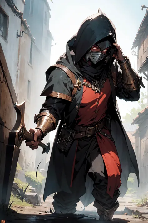 warhammer fantasy roleplay grave robber with a hooded cloak, wearing a fancy jester mask, human, male, skinny, full body art, grimdark comic art style, holding a shovel, belt pouch, no weapons, no armour, gloved hands