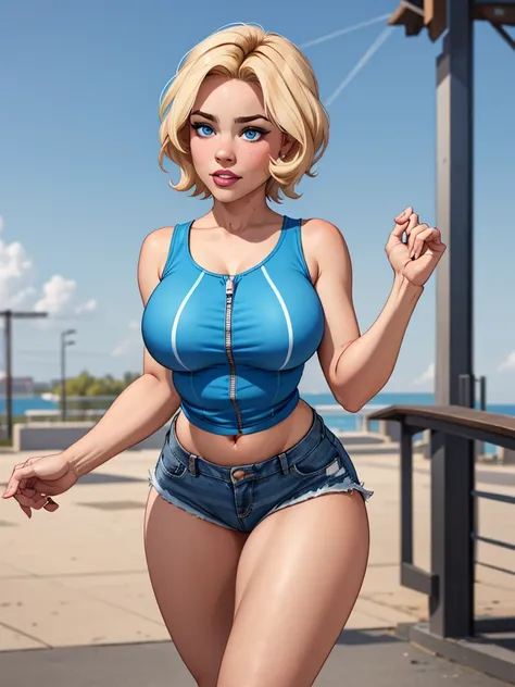 Young female, short blonde hair, big blue eyes, rosy cheeks, wearing a tight blue tank top, with a breasted neckline, with her belly exposed, wearing short denim shorts with an open zipper Standing with your ass stuck out 