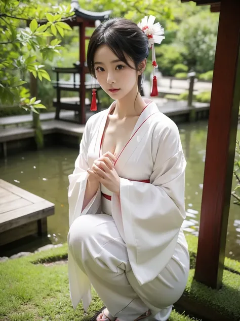 Japanese Beautiful Girl、kimono、Traditional costumes、Clothes falling apart、breast、White Shoulders、White Chest、White skin、squat、Chest