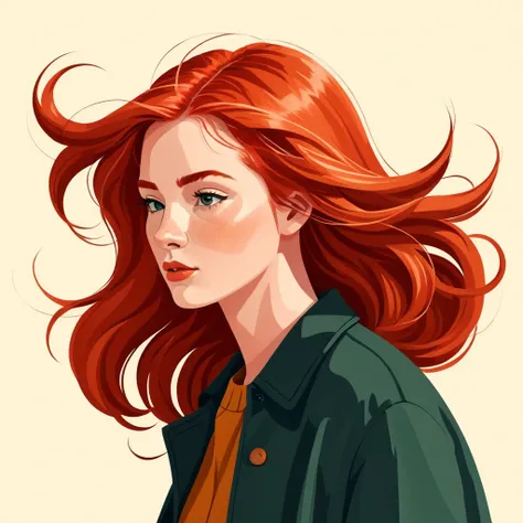 A flat style illustration a red-haired woman with hair blowing in the wind, a woman. by Clémence Guillemaud