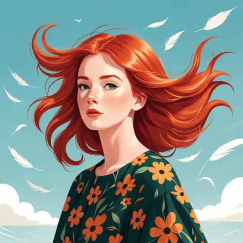 A flat style illustration a red-haired woman with hair blowing in the wind, a woman. by Clémence Guillemaud