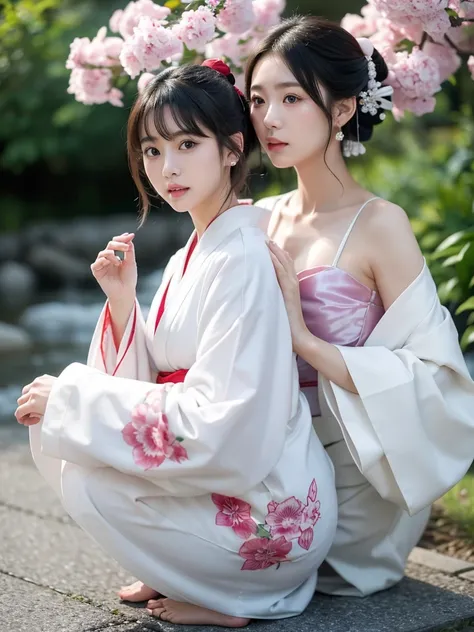 Japanese Beautiful Girl、kimono、Traditional costumes、Clothes falling apart、breast、白いshoulder、White Chest、White skin、squat、Chest、Chestの広くあいた服、shoulder、White Arms、Earrings、青いkimono