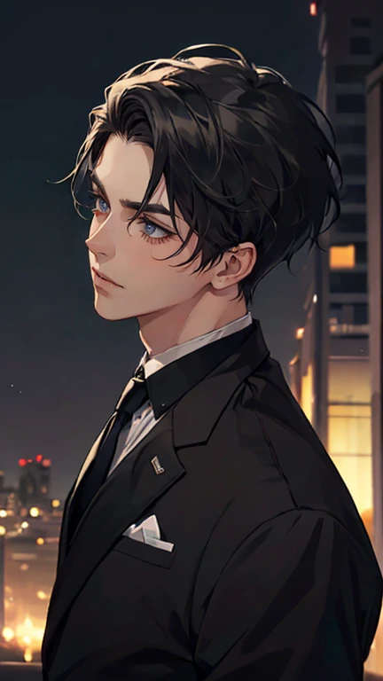 ((One young man with a black suit and tie)), alejandro, (((one side swept dark short neat hair))), ( green eyes and thick eyebrows), ((20 years old)), ((masterpiece)), ((cinematic lighting)), relax look and smirk, waiting for someone