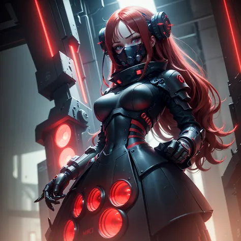 View from below, angle from below, flat horizon photo, Girl android , she has long red hair, she has a mask on her face, a respirator, a woman with sexy hips, half cyborg, technological modifications. Beautiful face, black metal cybernetic android robot bo...