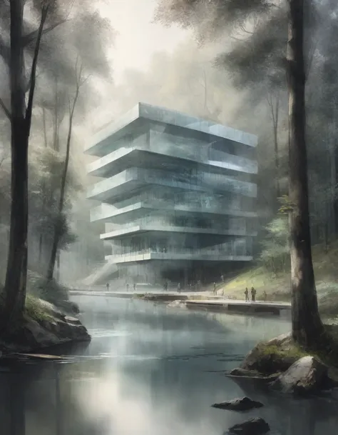 complex sketch concept futuristic building facade,corbusier,glass façade,museum,in a beautiful forest,river,fantastic light shin...