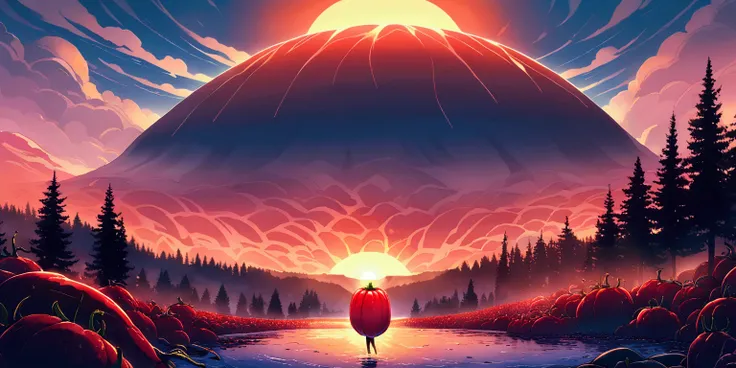 ultra wide landscape flooded with light moebius style, giant Red chilis, large tomato, sun, mt hood, waterfall, forest