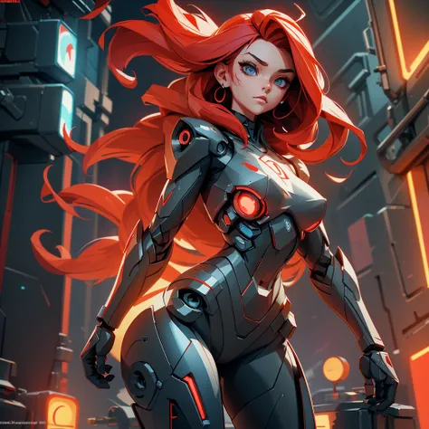 View from below, angle from below, flat horizon photo, Girl android , she has long red hair, she has a mask on her face, a respirator, a woman with sexy hips, half cyborg, technological modifications. Beautiful face, black metal cybernetic android robot bo...