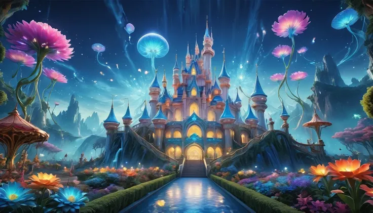 amusement park,There is a big light blue castle,Surreal and exotic landscapes，Beautiful everywhere、Vibrant、colorful。On the screen々Strange alien flowers of all shapes and sizes are projected。Best image quality，Resolution is 4K or 8K，Capture every detail per...